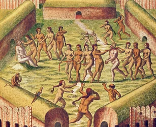 Americae Tertia Pars, o prisioneiro no meio da aldeia indígena indiana (página 353), 1562